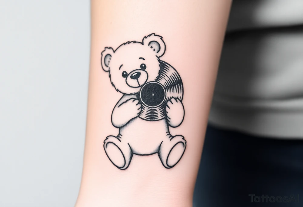 minimalist teddy bear smiling and holding a vinyl record tattoo idea minimalist teddy bear smiling and holding a vinyl record tattoo idea
