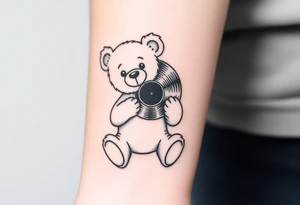 minimalist teddy bear smiling and holding a vinyl record tattoo idea