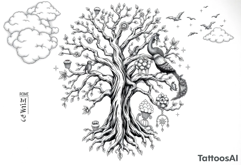 mystical tree of life with cosmic roots and celestial branches fat naked sexy woman , peacock , pig , cupcakes, liquor, cigerette, Storm clouds, pig, peacock , fat sexy naked fat woman, cupcakes, noose , money, goat lion, couple having sex, cigerette storm lightening, killing, darkness death, violent majestic creatures and fat naked girl tattoo idea