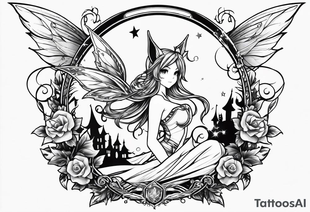 A fairy with a tail that is the fairy in the Fairy Tail anime guild logo tattoo idea