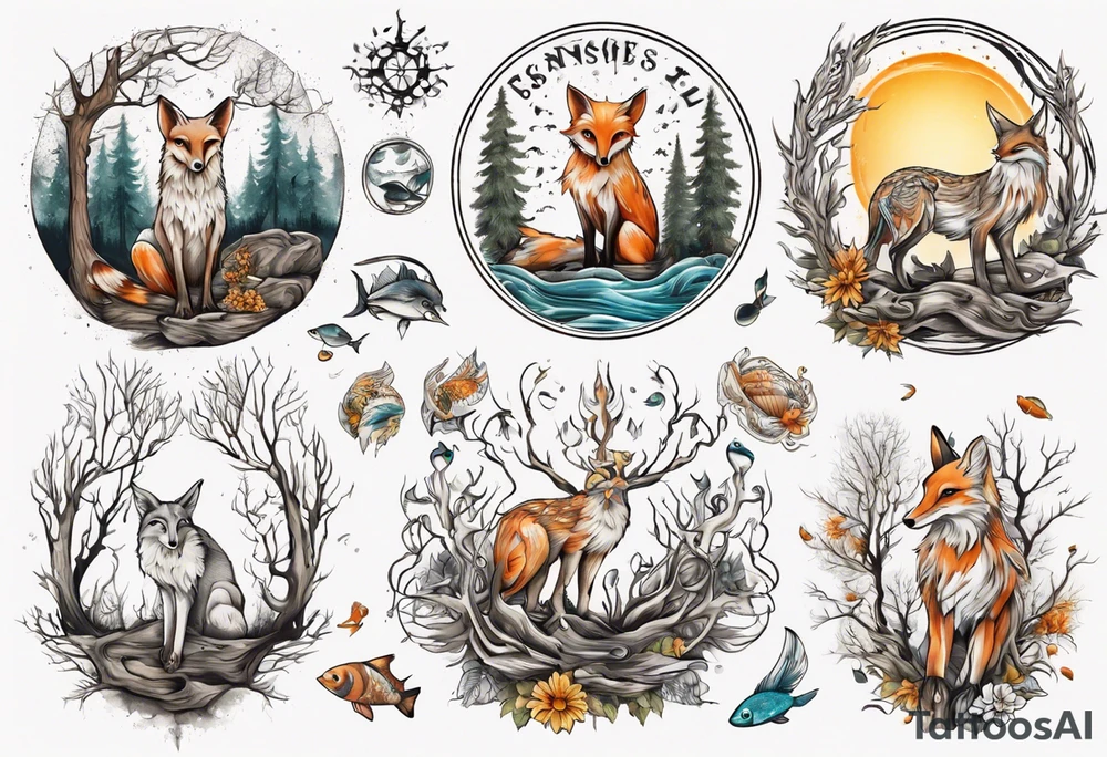 sonne, eule  wald, fuchs 
baum, sapere aude, Wasser, fisch tattoo idea