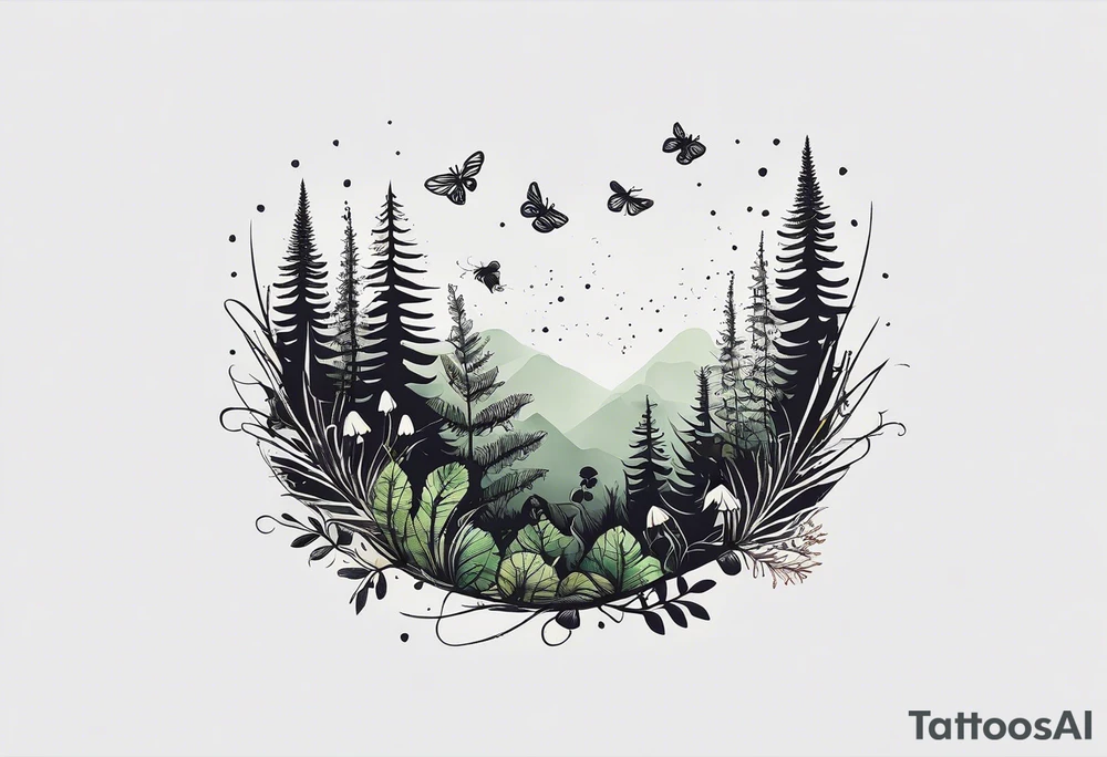 forest floor inspired minimalist tattoo, which includes grass, curly ferns, moss and dead leaves as the bulk of the tattoo. details to include: forest berries, a tiny bumblebee flying nearby, three small brown mushrooms
Generate a vertically long one tattoo idea