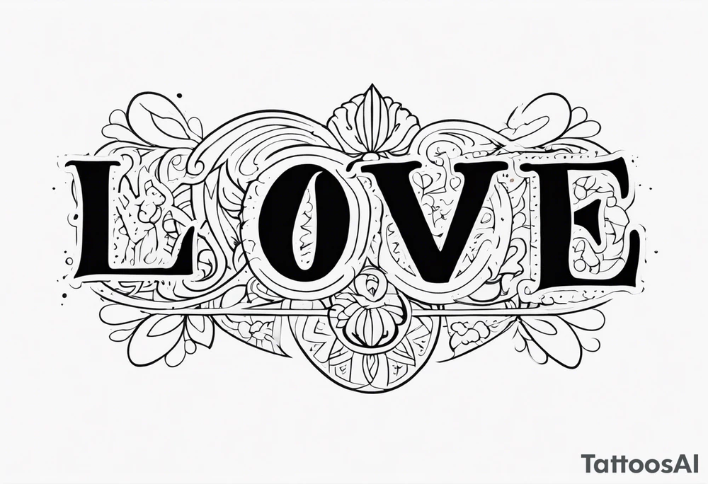 the word love repeated nine times in different fonts tattoo idea