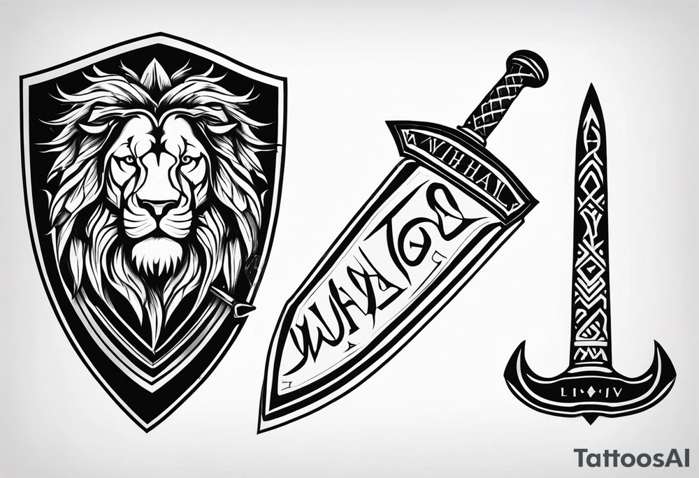 Valhalla sword shield lion 
 axe tattoo idea