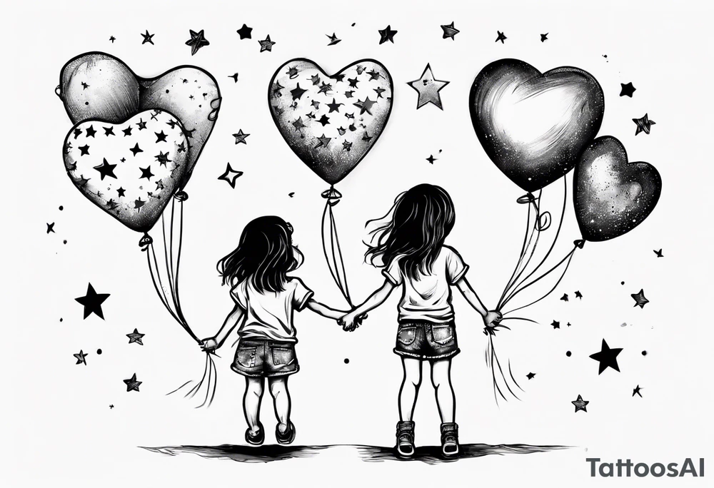 Little girl holding on to heart and star balloons and wearing a T-shirt saying ‘dream’ , going up to the sky tattoo idea