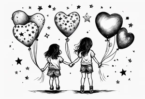 Little girl holding on to heart and star balloons and wearing a T-shirt saying ‘dream’ , going up to the sky tattoo idea