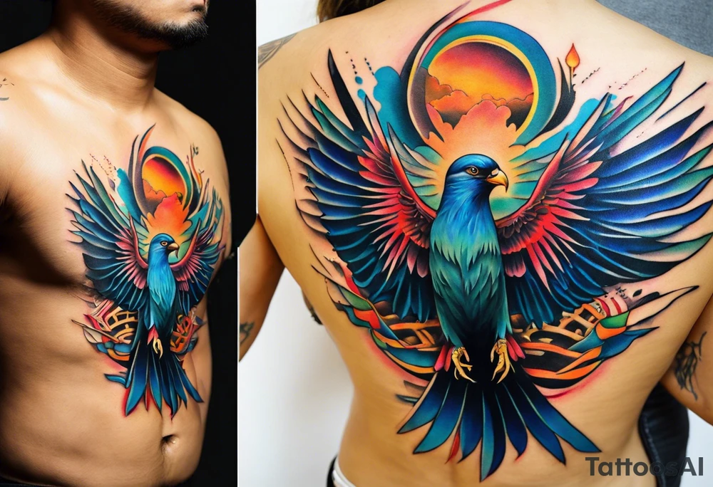 Wide tattoo that appears to be bursting out of the skin, symbolizing freedom. The tattoo should be vibrant and dynamic, with bold lines and colors that evoke a sense of liberation and empowerment. Consider incorporating elements such as birds in flight, broken chains, or other symbols of freedom. The tattoo should be visually striking and thought-provoking, inviting the viewer to reflect on the importance of personal freedom. tattoo idea