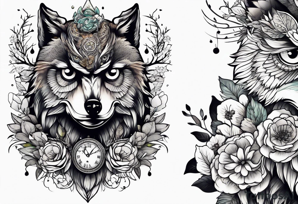 An owl a Wolf and a dendelion tattoo idea