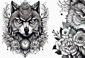 An owl a Wolf and a dendelion tattoo idea