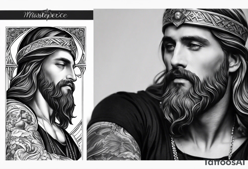 Catholic tattoo sleeve for a man. tattoo idea with Jesus on upper arm looking down tattoo idea