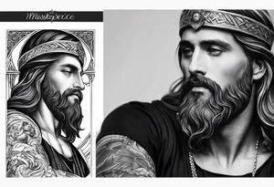 Catholic tattoo sleeve for a man. tattoo idea with Jesus on upper arm looking down tattoo idea