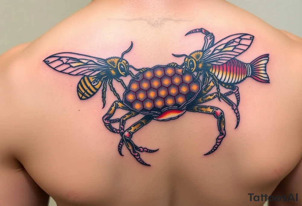 Honey comb bees, fish, crab tattoo idea
