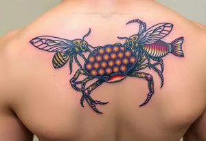 Honey comb bees, fish, crab tattoo idea