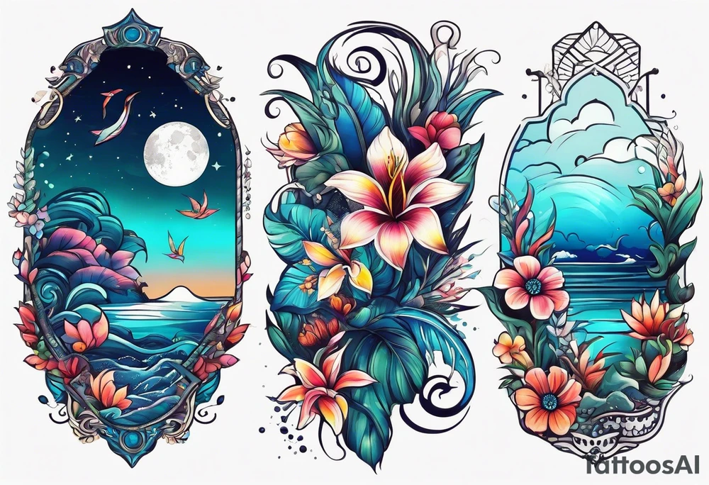 sea,, night, flower, palm, animal tattoo idea