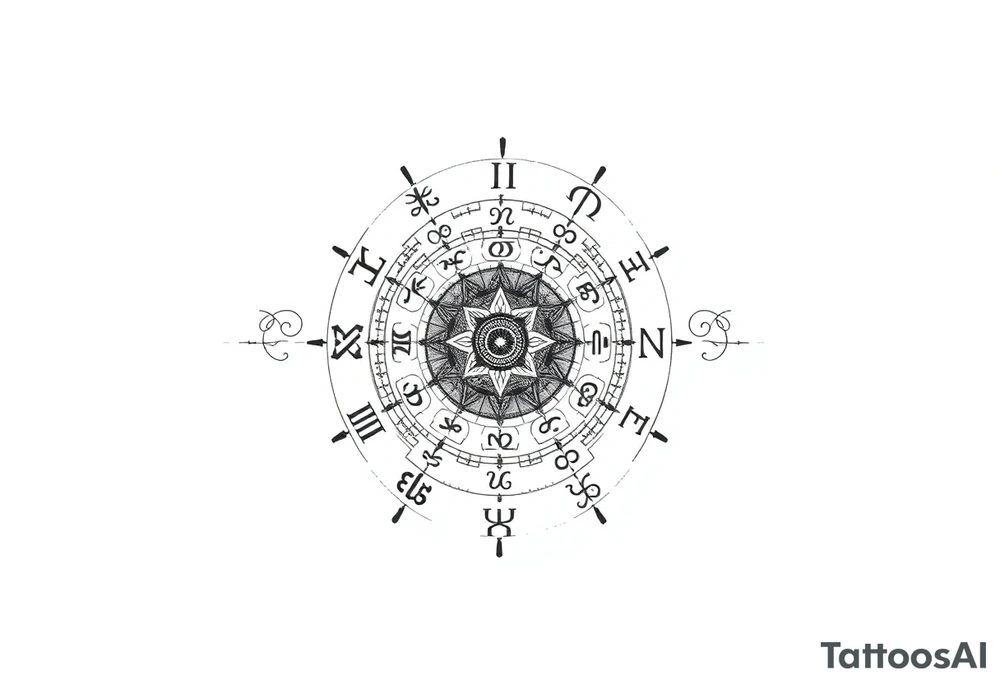 zodiac symbols and Norse runes within ornate clockwork mechanism tattoo idea