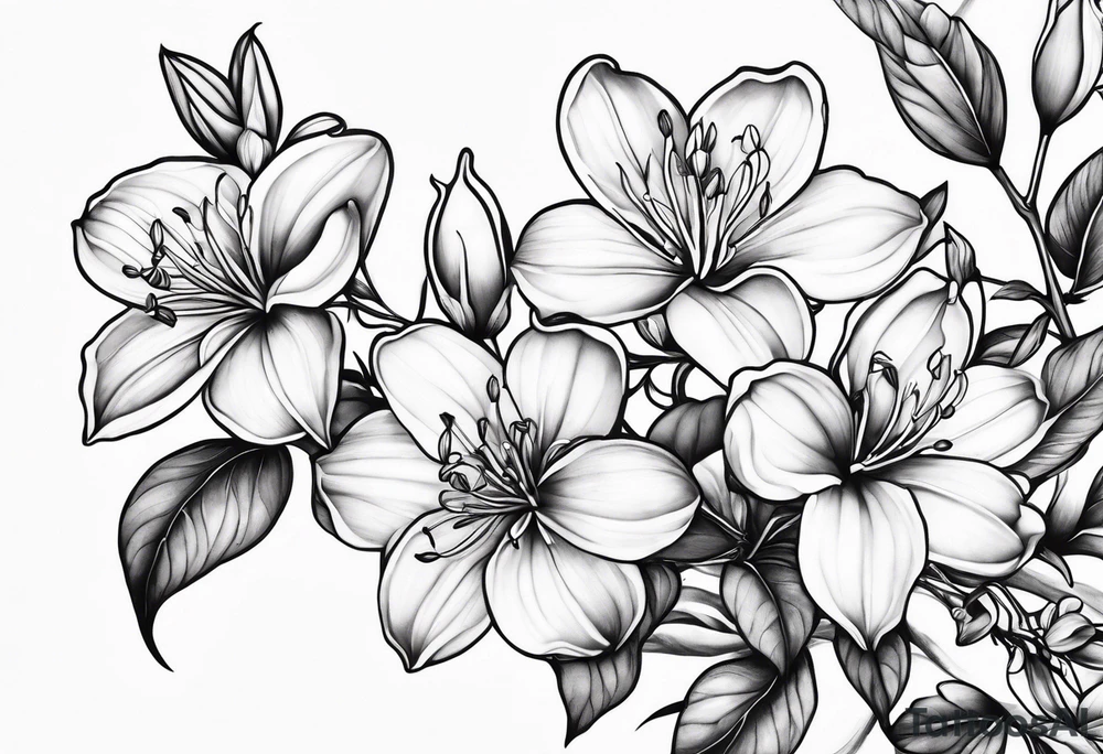 5-petal azaleas with buds along a long branch tattoo idea