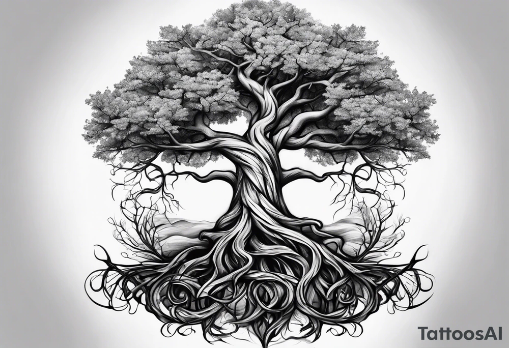 tattoo of a tree with the roots wrapping around a hour glass tattoo idea