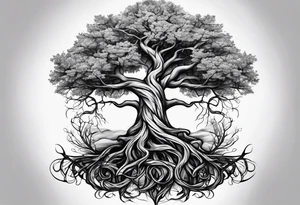 tattoo of a tree with the roots wrapping around a hour glass tattoo idea