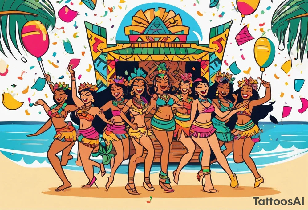 beach party scene with tiki gods and hulu girls dancing include music notes and confetti. leave a blank area in the middle of the image tattoo idea