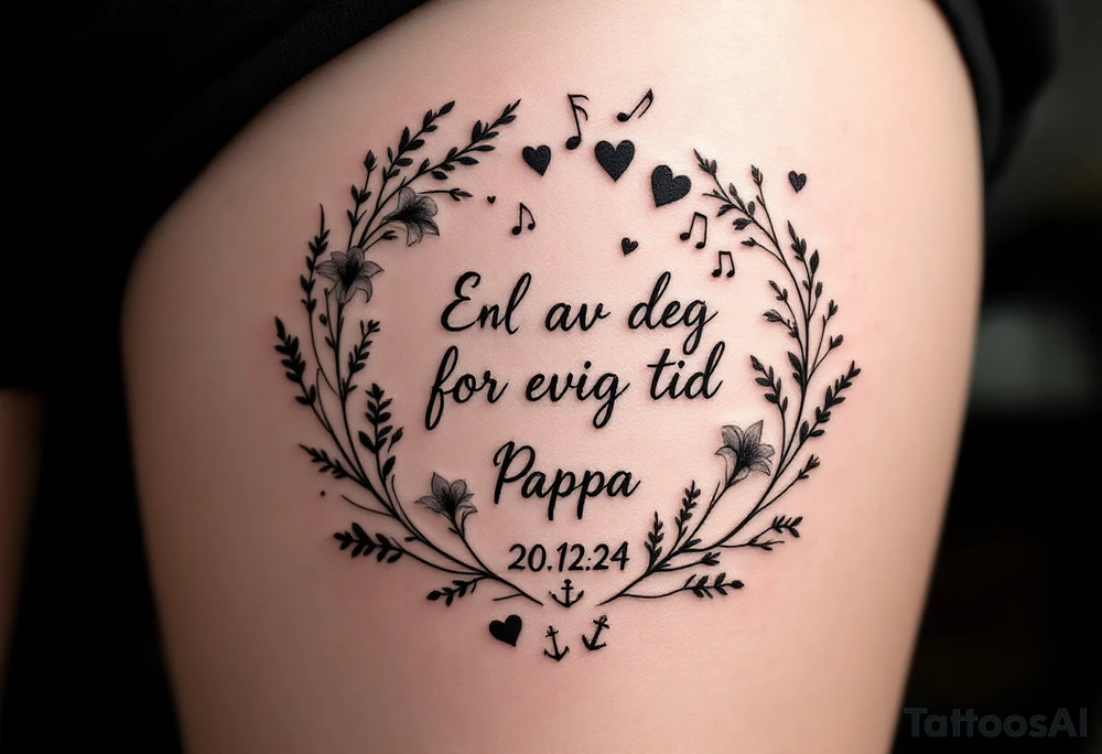 «En del av deg for evig tid
Pappa 20.12.24» Surrounded by long gladiolus, hearts, notes and an anchor tattoo idea