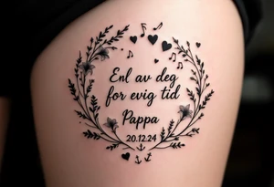 «En del av deg for evig tid
Pappa 20.12.24» Surrounded by long gladiolus, hearts, notes and an anchor tattoo idea
