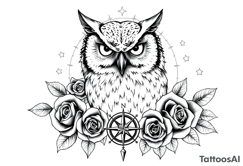 an owl,compass,roses,stars. tattoo idea
