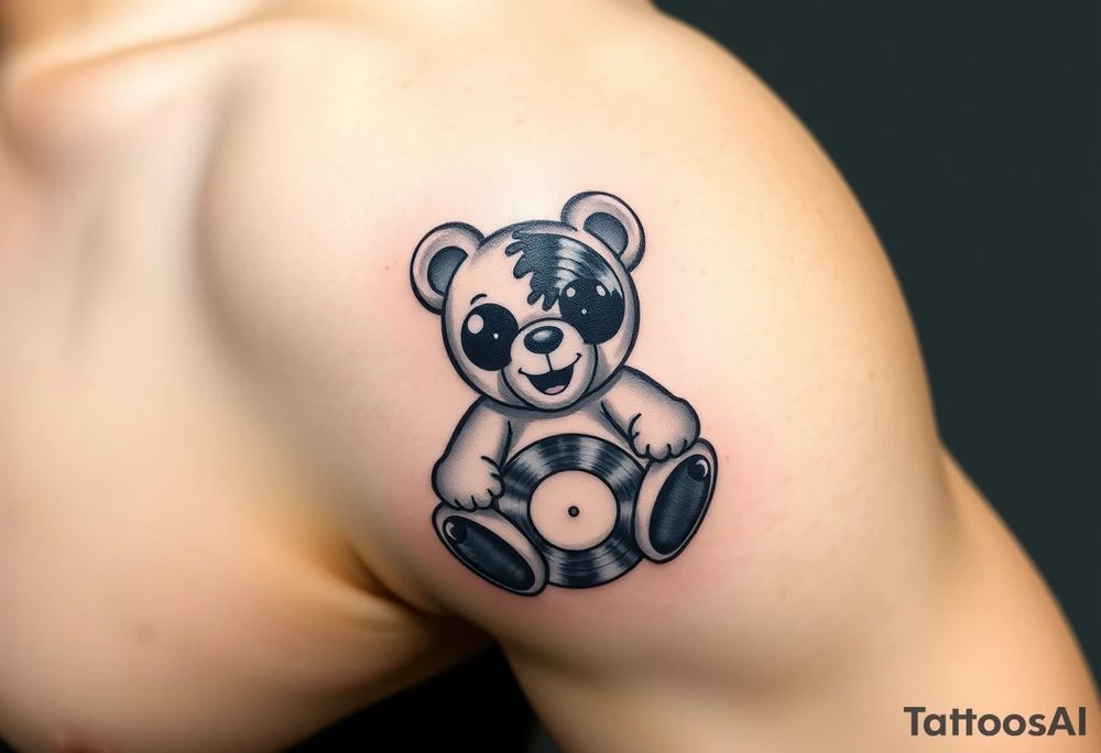 minimalist teddy bear with vinyl records as eyes smiling and sitting on a record tattoo idea