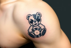 minimalist teddy bear with vinyl records as eyes smiling and sitting on a record tattoo idea