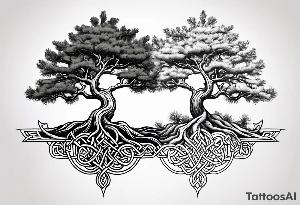 Pine tree and a juniper tree on the oposite sides. roots of both trees are entangeled in celtic trinity sign tattoo idea