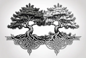 Pine tree and a juniper tree on the oposite sides.  roots of both trees are entangeled in celtic trinity sign tattoo idea