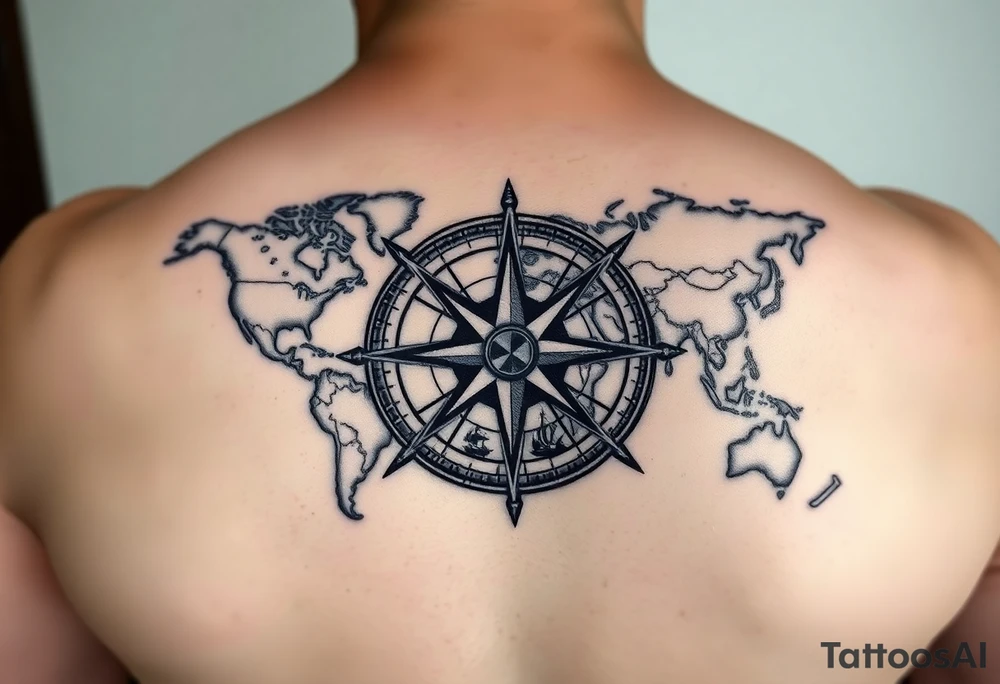 antique compass rose overlaid on weathered world map with sailing ships tattoo idea