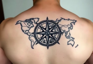 antique compass rose overlaid on weathered world map with sailing ships tattoo idea