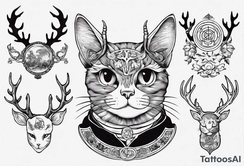A cat with antlers and wearing a monocle tattoo idea