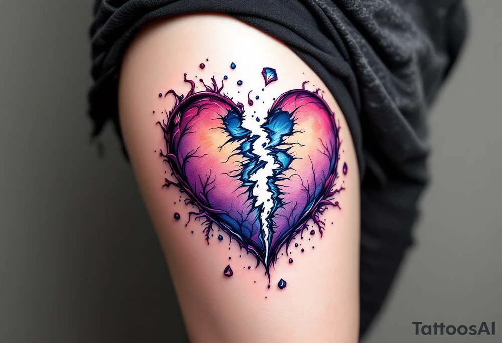 A heart being torn apart colored in deep purples and blues, symbolizing heartbreak and struggle. tattoo idea