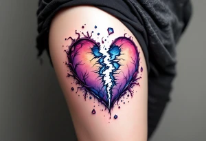 A heart being torn apart colored in deep purples and blues, symbolizing heartbreak and struggle. tattoo idea