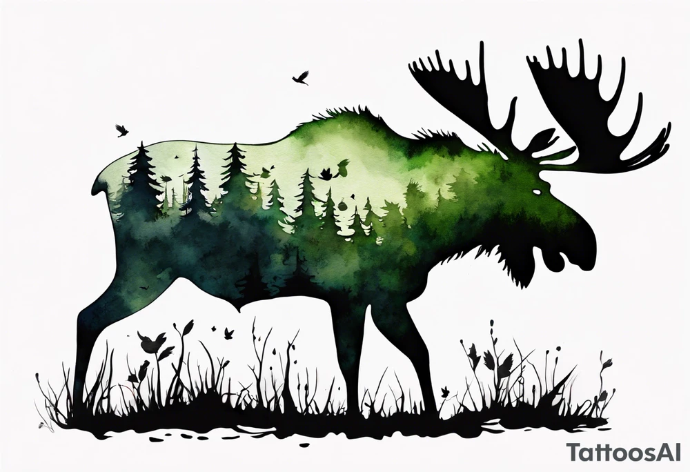 a giant mossy moose covered with shadow birds tattoo idea