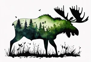 a giant mossy moose covered with shadow birds tattoo idea