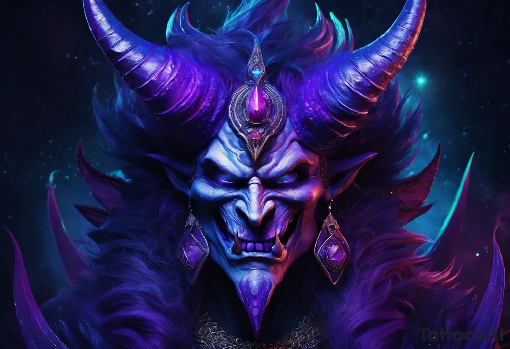 frontal bust of Dominant demonic and formidable face with royal king features, has a slight evil grin and a devil fang teeth, similar to skull features, framed by deep-set glowing galaxy eyes, head has crown of prominent purple deep blue flames (Not standalone horns) with intricate recognizable swirling galaxy and peacock feather textures.

face has intricate swirling biomechanical tattoo texture. prominent colours are blue, violet, deep purple, with orange highlights.

face has braids hanging with feathers at end. tattoo idea