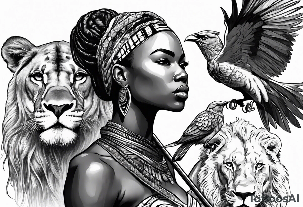 African woman warrior holding a spear with birds and lion in the background tattoo idea