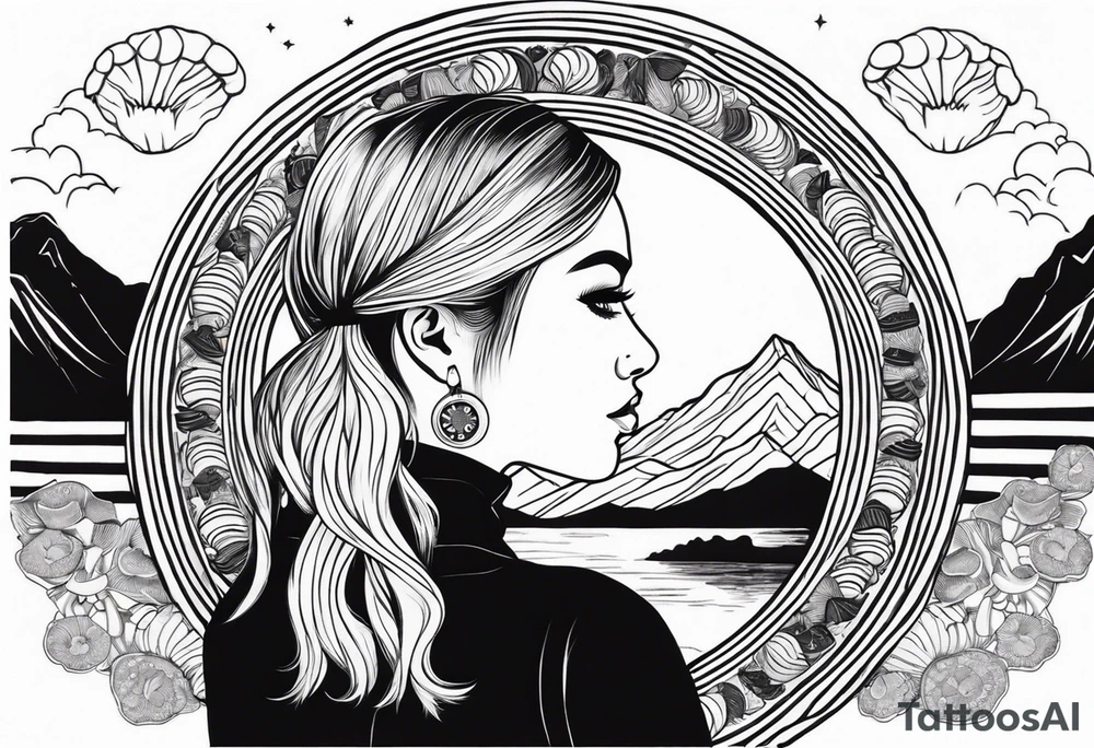 Straight blonde hair girl facing away toward mountains surrounded by mushrooms crescent moon mandala circular design black and white striped dress "8" braided into hair tattoo idea