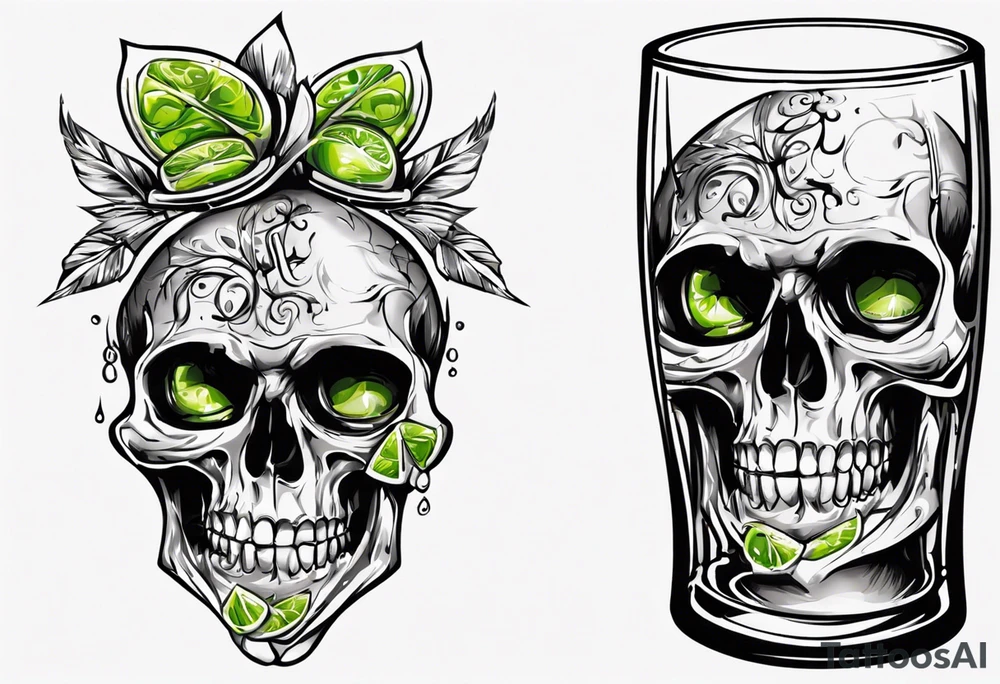 A smiling looking to the left scull inside the glass with alcohol and piece of lime tattoo idea