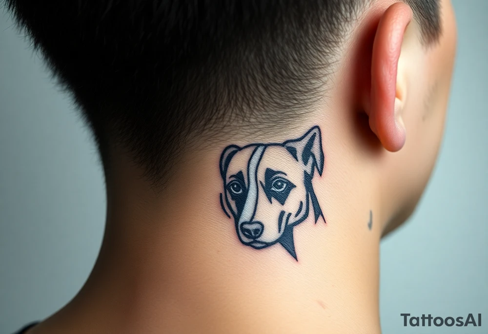 One line tattoo of female dog with white strip going up dog’s snout slightly off centered. With young slightly out tattoo idea