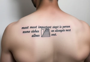 Design a tattoo for the outer arm using the phrase “the most important step a person can take is always the next one” with a geometric path or staircase tattoo idea