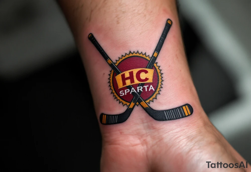 Two crossed hockey sticks with the HC Sparta crest in deep red and yellow centered on the wrist. tattoo idea