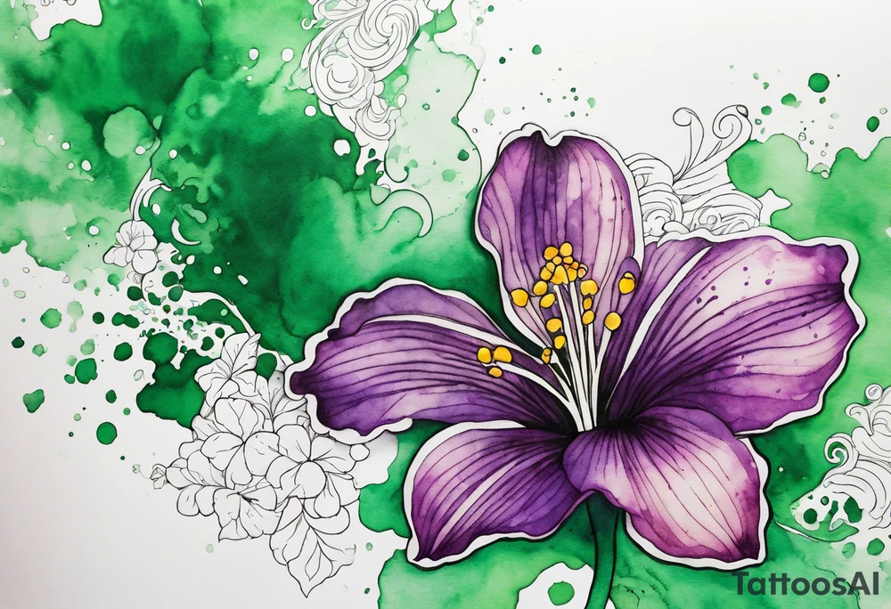 An outline of a green rio dipladenia flower and a green and purple watercolor splash in the background tattoo idea