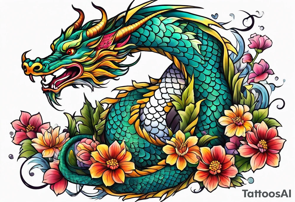 long dragon with colorful flowers tattoo idea