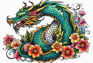 long dragon with colorful flowers tattoo idea