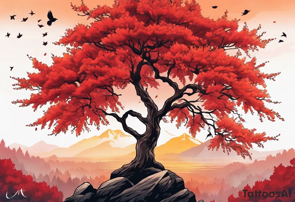 Full arm sleeve hikae. A maple tree with red autumn leaves that branches upwards. White-throated dipper bird on the trees branches. Calluna flowers at the base of the trees stem. Tree stem has dark colors. Red/yellow sunset behind the trees stem. Leaves falling. tattoo idea