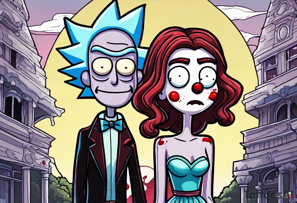 Rick and morty style cartoon with Stephen king’s Carrie in a prom dress covered in blood looking happy standing next to Stephen king’s pennywise in a 70s prom suit looking happy standing together in a prom photo pose tattoo idea