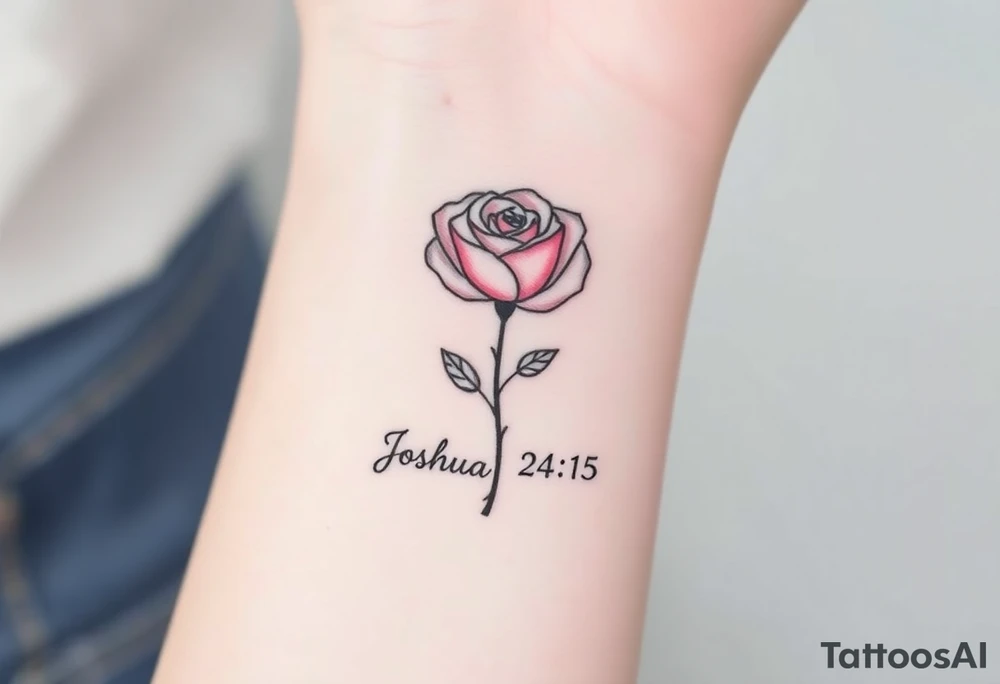 fine-line rose on my inner wrist, with the stem flowing down into the word Joshua 24:15 in tiny clean text underneath tattoo idea
